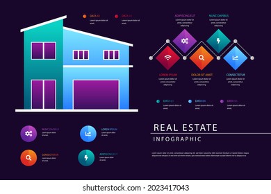 Real estate infographic design template. Rent, sale building, house service graphic. Business infographic graph, mortgage diagram construction. Architecture property presentation. Vector illustration