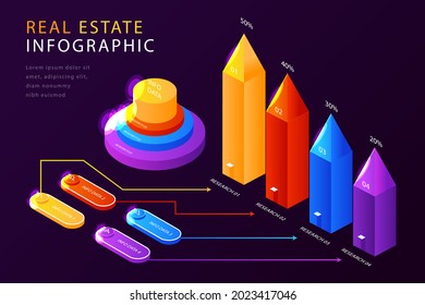 Real estate infographic design template. Rent, sale building, house service graphic. Business infographic graph, mortgage diagram construction. Architecture property presentation. Vector illustration