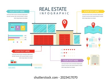 Real estate infographic design template. Rent, sale building, house service graphic. Business infographic graph, mortgage diagram construction. Architecture property presentation. Vector illustration