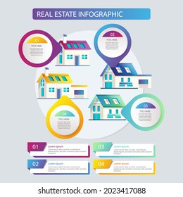 Real estate infographic design template. Rent, sale building, house service graphic. Business infographic graph, mortgage diagram construction. Architecture property presentation. Vector illustration