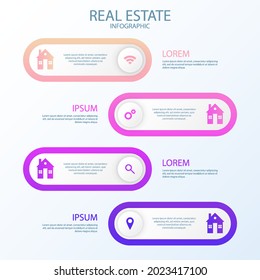 Real estate infographic design template. Rent, sale building, house service graphic. Business infographic graph, mortgage diagram construction. Architecture property presentation. Vector illustration
