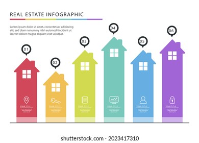 Real estate infographic design template. Rent, sale building, house service graphic. Business infographic graph, mortgage diagram construction. Architecture property presentation. Vector illustration