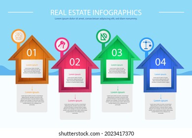 Real estate infographic design template. Rent, sale building, house service graphic. Business infographic graph, mortgage diagram construction. Architecture property presentation. Vector illustration