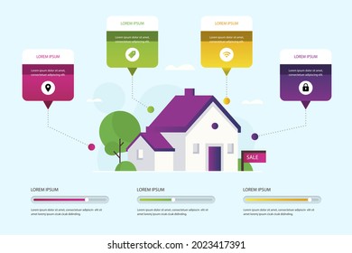 Real estate infographic design template. Rent, sale building, house service graphic. Business infographic graph, mortgage diagram construction. Architecture property presentation. Vector illustration