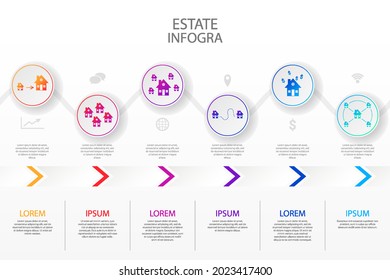 Real estate infographic design template. Rent, sale building, house service graphic. Business infographic graph, mortgage diagram construction. Architecture property presentation. Vector illustration