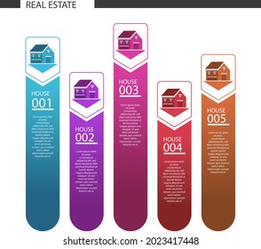 Real estate infographic design template. Rent, sale building, house service graphic. Business infographic graph, mortgage diagram construction. Architecture property presentation. Vector illustration