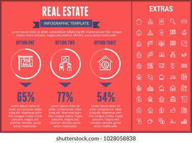 Plantilla de infografía inmobiliaria, elementos e iconos. Infograph incluye gráficos personalizables, opciones, conjunto de iconos de línea con agente inmobiliario, ingeniería de arquitectura, corredor de inversiones, agente inmobiliario, etc.