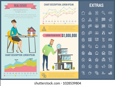 Real estate infographic template, elements and icons. Infograph includes customizable graphs, charts, line icon set with real estate agent, architecture engineering, investment broker, realtor etc.