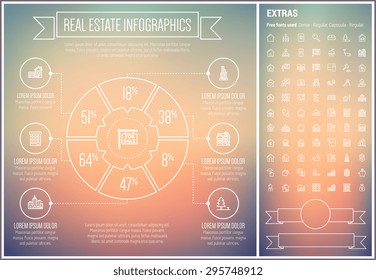 Infografik-Vorlage für Immobilien und Elemente. Die Vorlage enthält folgende Symbole: Immobilienmakler, Online-Überwachung, Büro, Gebäude, Investitionen und mehr. Moderne minimalistische Wohnung