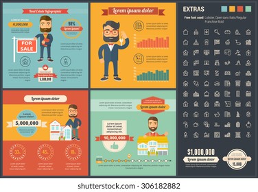 Real Estate infographic template and elements. The infographic  template includes illustrations of hipster men and huge awesome set of thin line icons. Modern minimal flat vector infographic design.