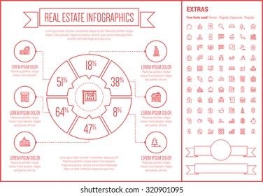 Infografik-Vorlage für Immobilien und Elemente. Die Vorlage enthält die folgenden Symbole - Immobilienmakler, Seminar, Schulung, Investitionen, Plakat für den Verkauf und mehr. Moderne minimalistische Wohnung