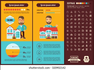 Real Estate infographic template and elements. The template includes illustrations of hipster men and huge awesome set of thin line icons. Modern minimalistic flat vector design.