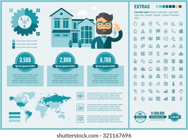 Real Estate infographic template and elements. The template includes illustrations of hipster men and huge awesome set of thin line icons. Modern minimalistic flat vector design.