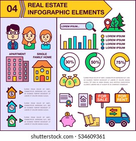 Real Estate infographic template and elements. The template includes illustrations of men, women and child. Modern colored flat vector design. Apartment, single family home.