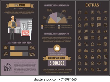 Real estate infographic template, elements and icons. Infograph includes customizable graphs, charts, line icon set with real estate agent, architecture engineering, investment broker, realtor etc.