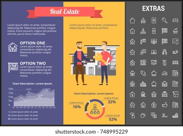 Real estate infographic template, elements and icons. Infograph includes customizable graphs, charts, line icon set with real estate agent, architecture engineering, investment broker, realtor etc.