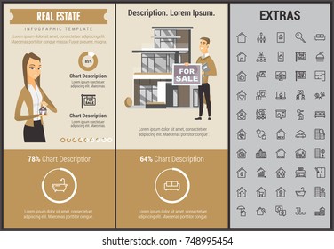 Real estate infographic template, elements and icons. Infograph includes customizable graphs, charts, line icon set with real estate agent, architecture engineering, investment broker, realtor etc.