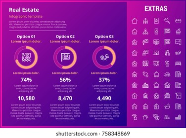 Real estate infographic template, elements and icons. Infograph includes customizable graphs, options, line icon set with real estate agent, architecture engineering, investment broker, realtor etc.
