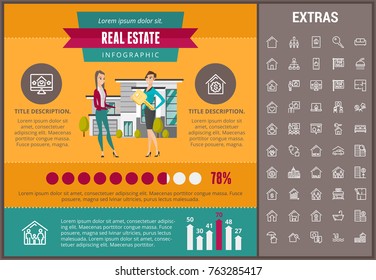 Plantilla de infografía inmobiliaria, elementos e iconos. Infograph incluye gráficos personalizables, gráficos, gráficos, conjunto de iconos de línea con agente inmobiliario, ingeniería de arquitectura, corredor de inversiones, corredor de bienes raíces, etc.
