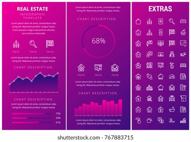 Real estate infographic template, elements and icons. Infograph includes customizable graphs, charts, line icon set with real estate agent, architecture engineering, investment broker, realtor etc.