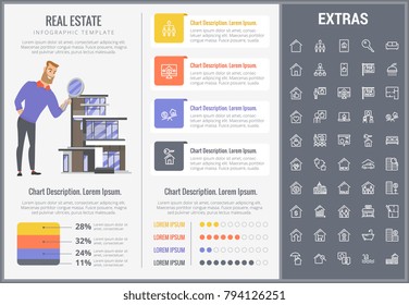 Plantilla de infografía inmobiliaria, elementos e iconos. Infograph incluye gráficos personalizables, gráficos, gráficos, conjunto de iconos de línea con agente inmobiliario, ingeniería de arquitectura, corredor de inversiones, corredor de bienes raíces, etc.