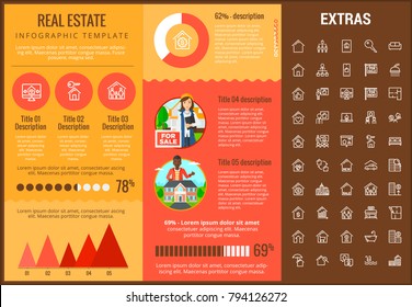 Real estate infographic template, elements and icons. Infograph includes customizable graphs, charts, line icon set with real estate agent, architecture engineering, investment broker, realtor etc.