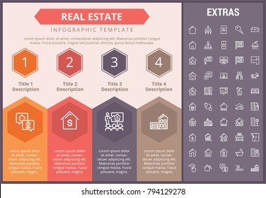 Real estate infographic timeline template, elements and icons. Infograph includes numbered options, line icon set with real estate agent, architecture engineering, investment broker, realtor etc.