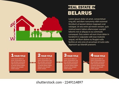 Real Estate infographics with Belarus flag, residential or investment idea, real estate in Belarus banner, vector template with house family tree, buying house in foreign country, property sale