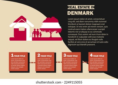 Real Estate infographics with Denmark flag, residential or investment idea, real estate in Denmark banner, vector template with house family tree, buying house in foreign country, property sale