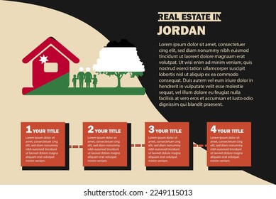 Real Estate infographics with Jordan flag, residential or investment idea, real estate in Jordan banner, vector template with house family tree, buying house in foreign country, property sale