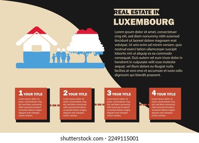 Real Estate infographics with Luxembourg flag, residential or investment idea, real estate in Luxembourg banner, vector template with house family tree, buying house in foreign country, property sale