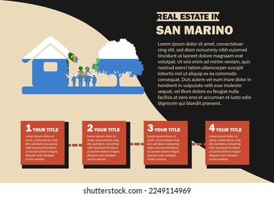 Real Estate infographics with San Marino flag, residential or investment idea, real estate in San Marino banner, vector template with house family tree, buying house in foreign country, property sale