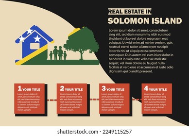 Real Estate infographics with Solomon Island flag, residential or investment idea, real estate in Solomon Island banner, vector template with house family tree, buying house in foreign country