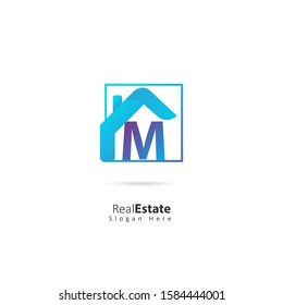 Real Estate Initial Letter M Logo with square element, design vector logo illustration template