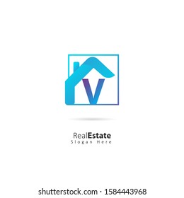 Real Estate Initial Letter V Logo with square element, design vector logo illustration template
