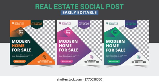 Real estate instagram post social media layouts template design bundle set vector. Modern digital marketing square promo social media sale poster design & discount social media advertising design.
