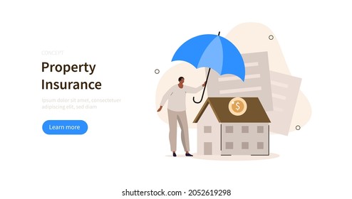 
Real estate insurance agent or salesman covering house with umbrella. House protection from damage or other insurance cases concept. Flat cartoon vector illustration isolated.