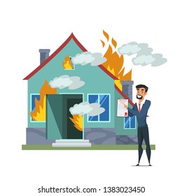 Real estate Insurance agent vector illustration. Salesman offering fire contract. Cartoon character. House on fire flat drawing. Company services policy. Businessman holding papers