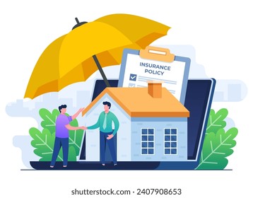 Real estate insurance concept flat vector illustration template, Online insurance policy on laptop screen for house property, Protection