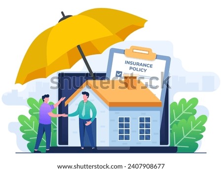 Real estate insurance concept flat vector illustration template, Online insurance policy on laptop screen for house property, Protection