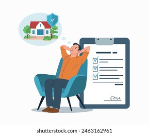 Real estate insurance concept. A man sits in a chair in a relaxed position and thinks about the security of the house. Vector illustration.