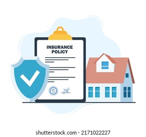 Real estate Insurance concept. Insurance policy on clipboard Safety security shield. House insurance business services. Residential home real estate protection. Vector illustration