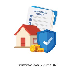 Real estate Insurance concept. Insurance policy on clipboard Safety security shield. House insurance business services. Residential home real estate protection. Vector illustration. stock illustration