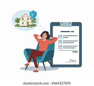Real estate insurance concept. A woman sits in a chair in a relaxed position and thinks about the security of the house. Vector illustration.