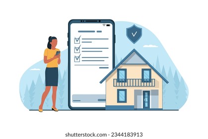 Real estate insurance concept. A young dark-skinned woman draws up an insurance policy for a house online on a smartphone. Vector illustration.