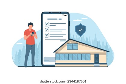 Real estate insurance concept. A young man draws up an insurance policy for a house online on a smartphone. Vector illustration.