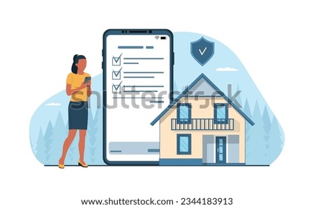 Real estate insurance concept. A young dark-skinned woman draws up an insurance policy for a house online on a smartphone. Vector illustration.