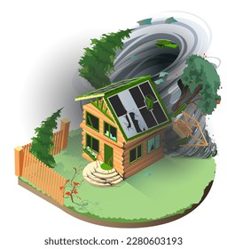 Real estate insurance hurricane storm destroy private residential building. Vector isometric illustration