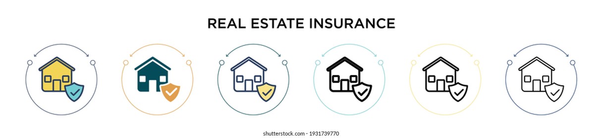 Real estate insurance icon in filled, thin line, outline and stroke style. Vector illustration of two colored and black real estate insurance vector icons designs can be used for mobile, ui, web