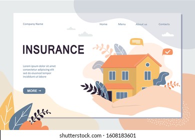 Real Estate Insurance Landing Page Template. House On Hand With Care, Concept Background. Home Security Protection Web Banner. Trendy Vector Illustration